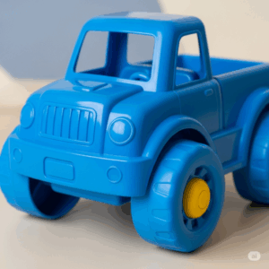 Close-up of a detailed blue pickup toy truck with working wheels, ideal for toddlers.