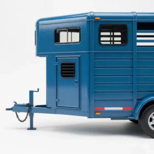 Side view of a blue toy horse trailer showing its detailed construction.