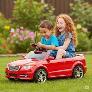 Two children, a boy and a girl, happily sharing a spacious remote operated ride on car in a backyard.