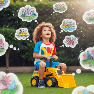 A conceptual image of a child using their imagination while sitting on a digger toy, surrounded by playful thought bubbles.