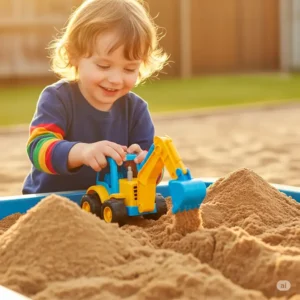 Happy child operating a small plastic backhoe toy in a sandbox, demonstrating the joy of playing with a toy backhoe.