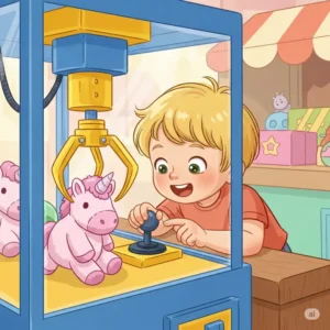 Illustration of a child, excited and focused, operating the joystick of a toy crane claw game, attempting to win a prize.