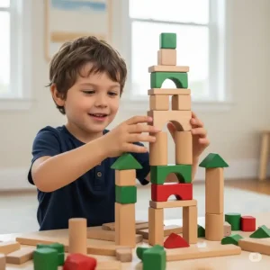 A happy child engrossed in imaginative play, building a tall structure with natural wooden blocks, showcasing the versatility of open-ended toys for creative development.