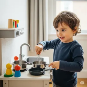 A young child engaged in pretend play in a simple kitchen area with miniature pots and pans, showing how open-ended toys foster imaginative role-playing and storytelling.