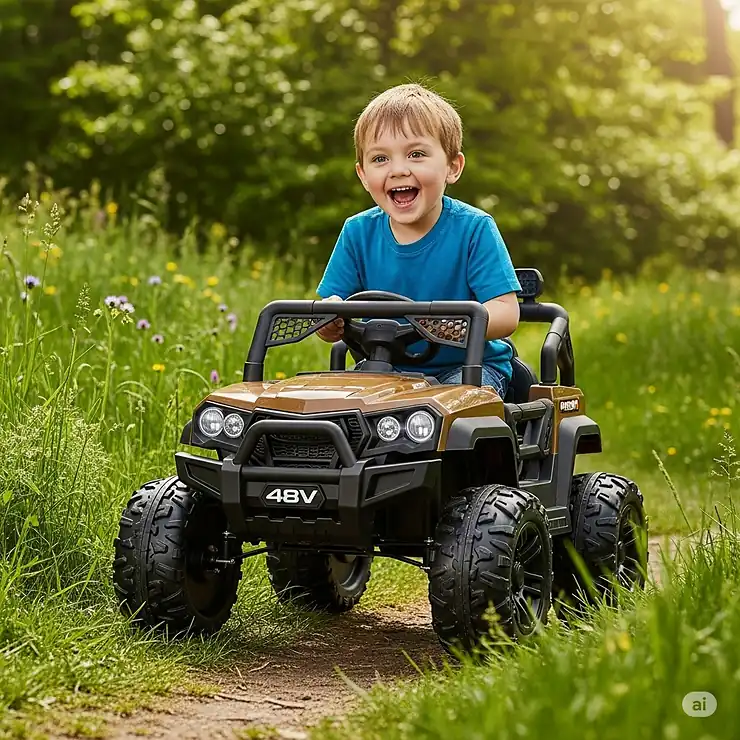 Excited child driving a powerful 48V off-road ride-on toy on a grassy trail.