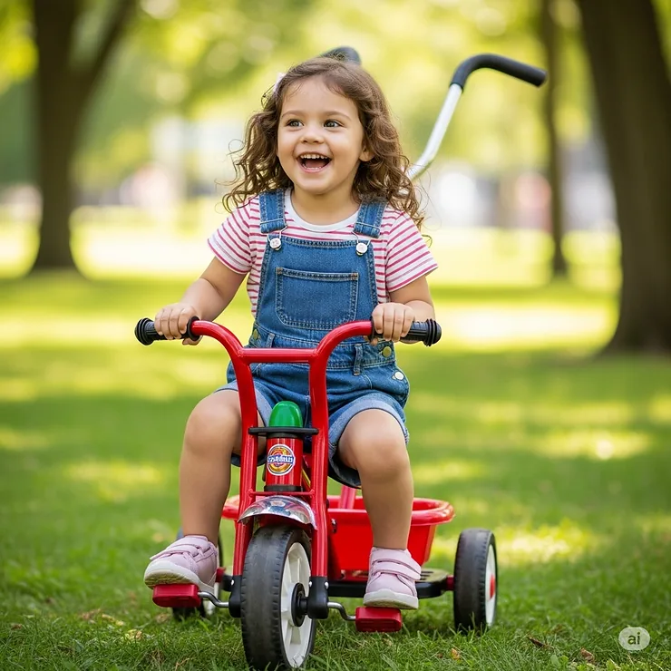 Smiling toddler seated comfortably on a red ride on digger toy, enjoying playtime in a backyard.