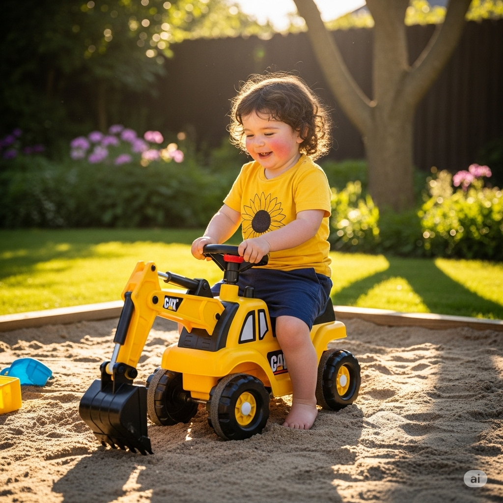 A happy child sits on a yellow ride-on digger toy in a sunny backyard, playing in a sandbox.