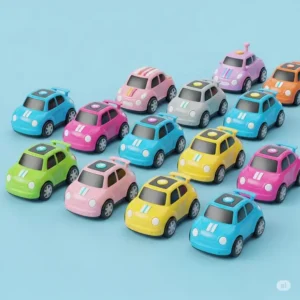 Assortment of vibrant infant remote cars in various colors like blue, pink, and yellow, showcasing available options.