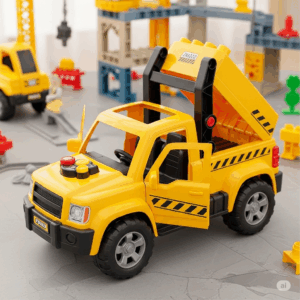 Yellow construction-themed pickup toy truck with moving parts, inspiring building adventures.