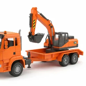 Orange construction trailer toy truck with a removable digger attachment.