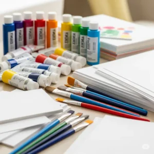 An array of art supplies such as paints, brushes, and blank paper, representing open-ended toys that encourage artistic expression and limitless creativity in children.