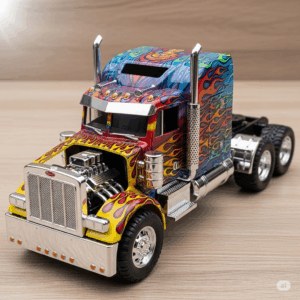 Customized Peterbilt toy truck with unique paintwork and modifications, inspiring creative play
