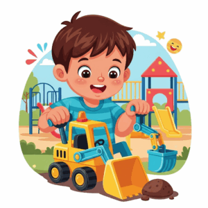 Illustration depicting how a child playing on a digger toy aids in developing motor skills and coordination.