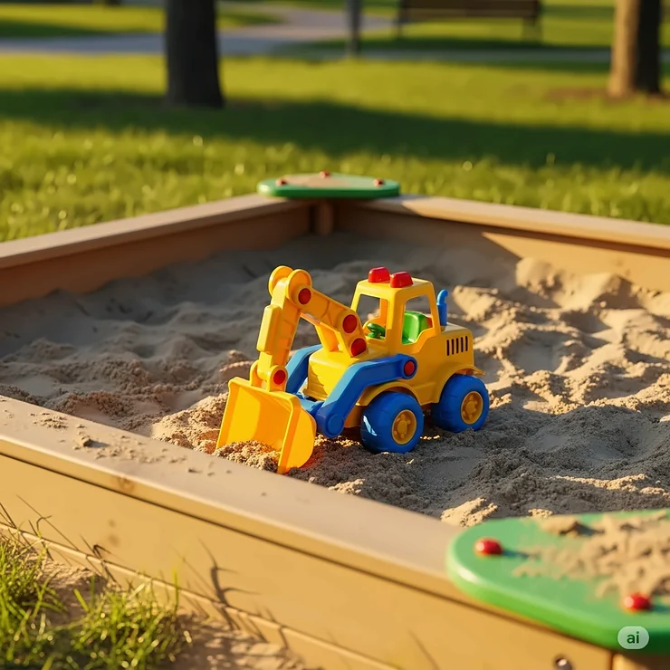 Kids ride on digger toy parked in a sandbox, with sand pails and shovels nearby, perfect for construction play.