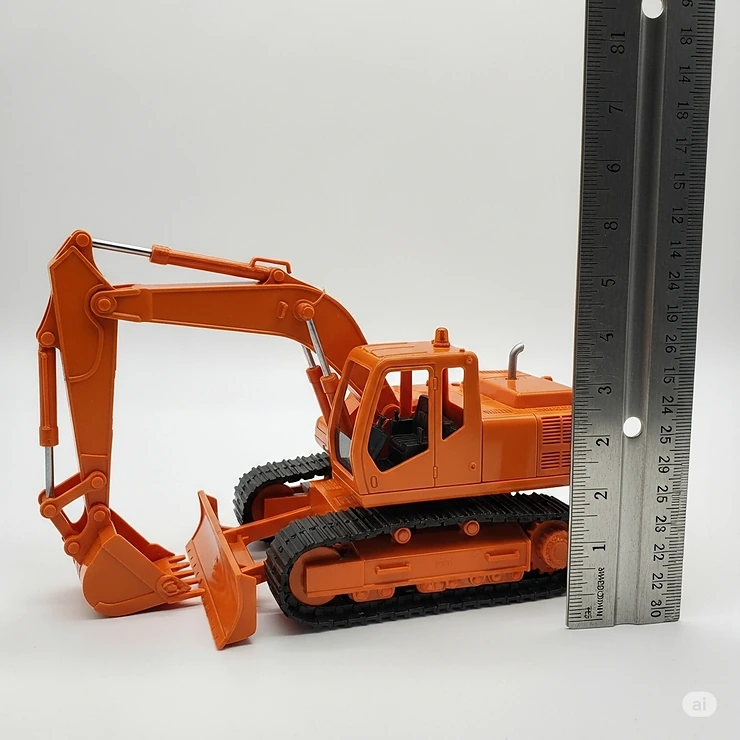 Ride on digger toy shown next to a ruler, providing a clear visual reference for its size and dimensions.