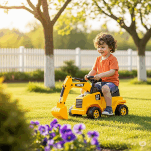 An outdoor scene showing a child interacting with their favorite digger sit-on toy on a grassy area.