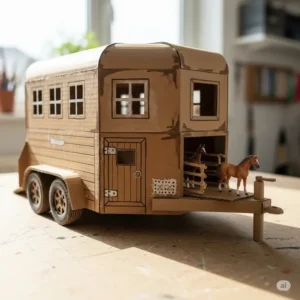 A homemade toy horse trailer made from cardboard for a fun craft project.