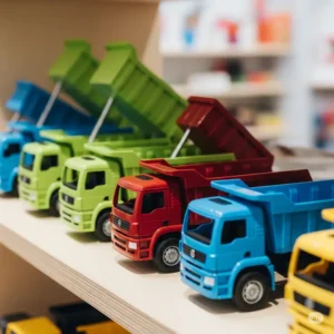 A vibrant collection of various dump truck toys displayed on a shelf.
