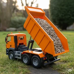 Realistic dump truck toy with its bed lifted, seemingly hauling small rocks.