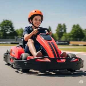Energetic 9-year-old boy in a protective helmet driving an electric go-kart designed for 8-10 year olds on a paved track.