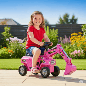 A smiling girl proudly sitting on a pink ride-on digger toy, ready for outdoor adventures.