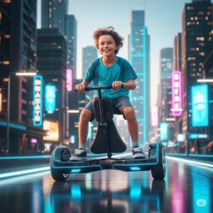 Fun-loving 10-year-old cruising on a hoverboard with a comfortable seat attachment, offering a unique ride-on experience for 8-10 year olds.