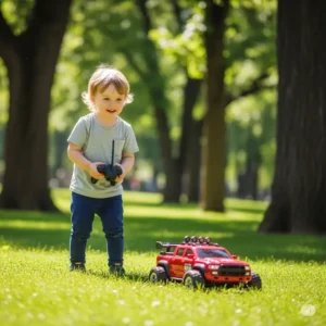 A child enjoying an infant remote car ride in a park, with green grass and trees in the background, illustrating outdoor fun.