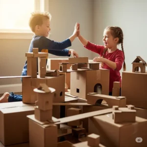 Two children collaborating to build a large fort out of cardboard boxes, illustrating how simple open-ended toys like boxes can inspire imaginative construction and teamwork.