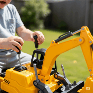 Close-up of a child's hands operating the levers of a yellow sit-on digger toy, resembling a real excavator.