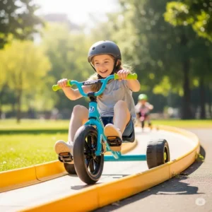 A child-friendly drift trike with a 9-year-old enjoying a slide, a thrilling ride-on toy for 8-10 year olds