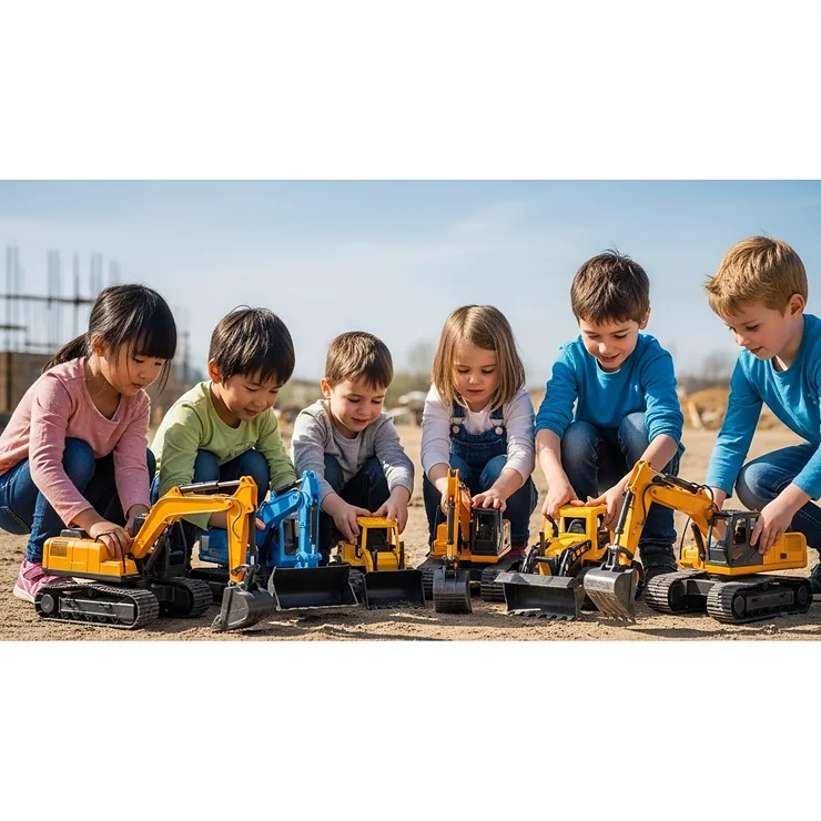 Group of children playing together with various ride on digger toys, encouraging cooperative play and imagination.