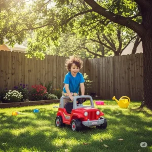 Child having fun driving a kids jeep car in a secure backyard environment
