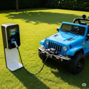 A kids jeep car being conveniently charged, highlighting its electric features