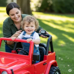 Parent assisting a child safely into a sturdy kids jeep car, demonstrating ease of use