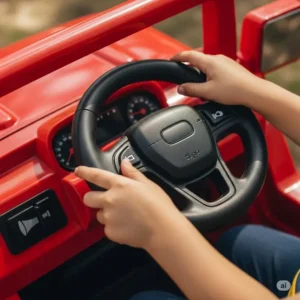 Close-up of a child's hands gripping the steering wheel of a kids jeep car, ready for adventure