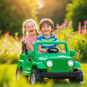 Two happy children riding together in a green kids jeep car on a sunny day