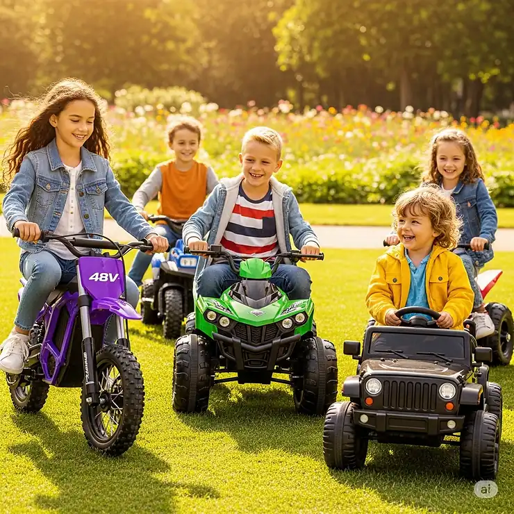 Group of happy children enjoying various types of 48V ride on toys together in a park.