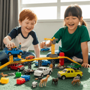 Children joyfully playing with various pickup toy trucks on a carpet, demonstrating imaginative play.