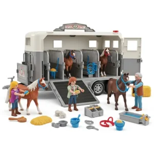 A comprehensive toy horse trailer playset with multiple accessories and figures