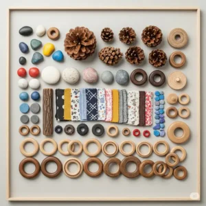 An organized collection of diverse loose parts like pebbles, pinecones, fabric scraps, and wooden rings, emphasizing the vast potential of open-ended materials for creative play.