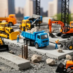 A miniature construction vehicle set featuring a small blue dump truck toy.