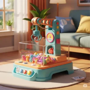 Illustration of a miniature, tabletop toy crane claw game designed for home use, filled with small candies or toys.
