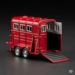 A small, diecast miniature toy horse trailer for collectors.