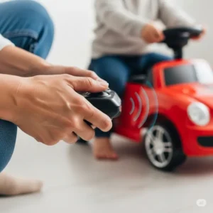 Close-up of an adult's hand holding a remote control, guiding an infant's ride-on car safely.