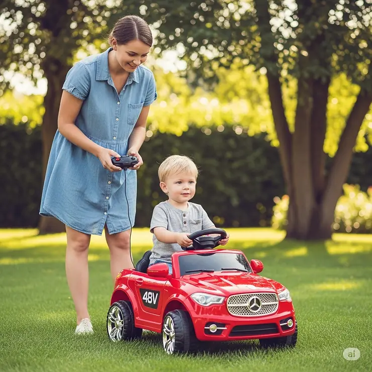 Parent supervising a young child safely operating a 48V ride-on toy with remote control.