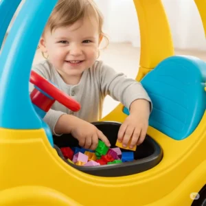 A child aged two years old expertly steering a small, pedal-free tricycle, an excellent beginner ride-on toy for coordination.