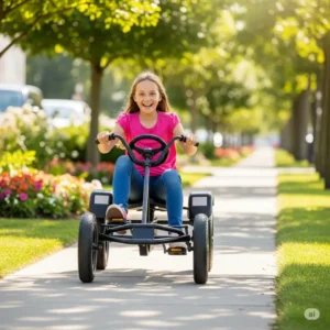 Excited 9-year-old pedaling a large, robust go-kart on a sidewalk, a classic ride-on toy for 8-10 year olds.