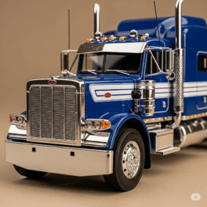 Close-up of a detailed Peterbilt 379 toy truck, highlighting its classic design and chrome accents