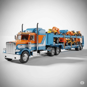 Peterbilt toy truck with an attached hauler trailer, illustrating its functionality for imaginative play.