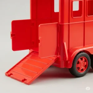 Close-up of a red plastic toy horse trailer with an open ramp